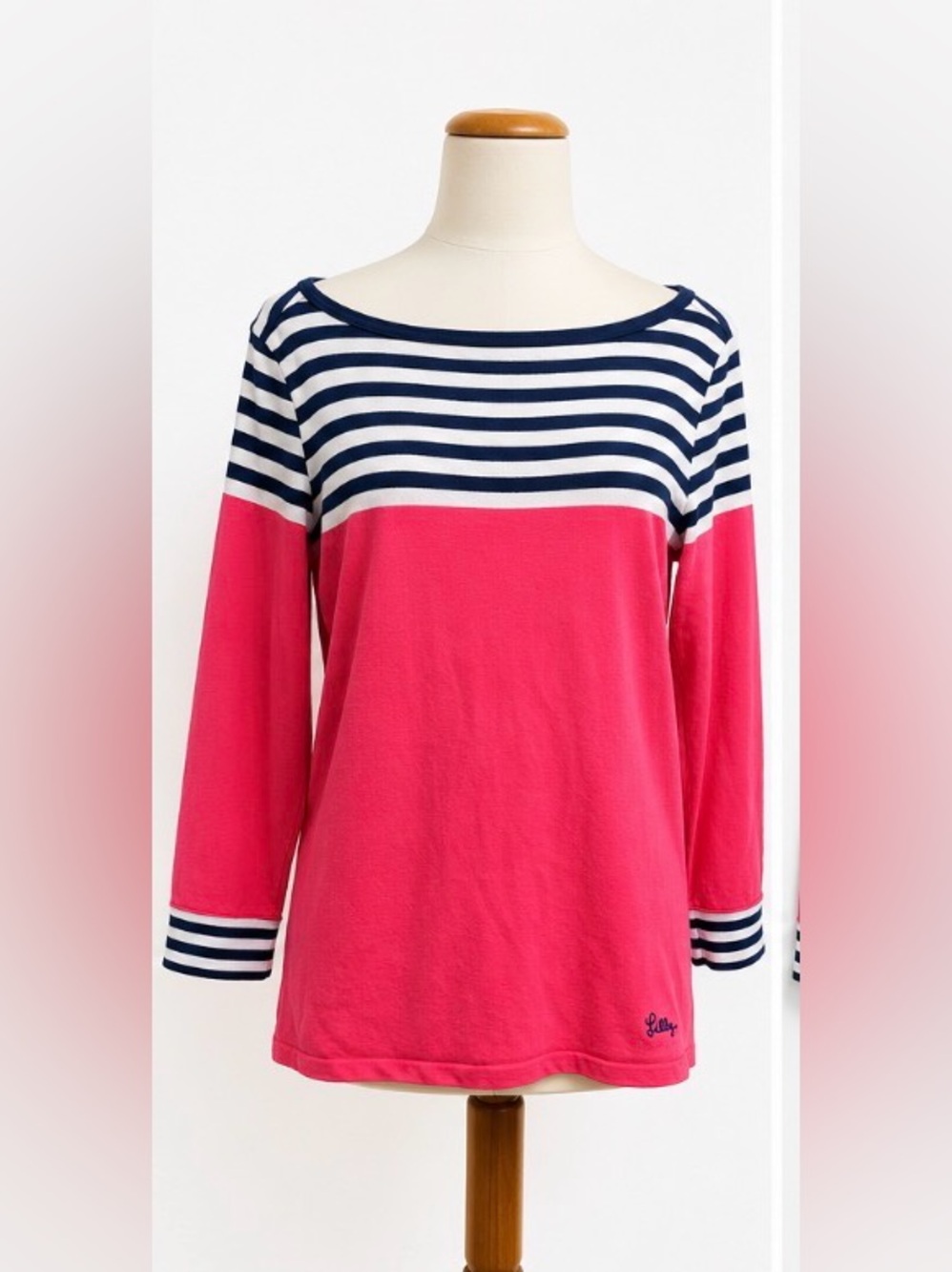 Lilly Pulitzer Pink and Navy Striped Yoke Long Sleeve Tee